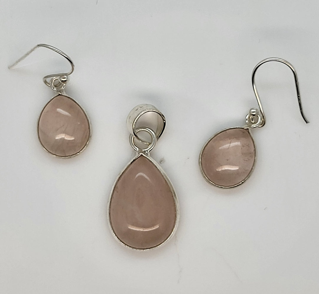 Pink Quartz 925 Sterling Silver Pendant and Earrings Set