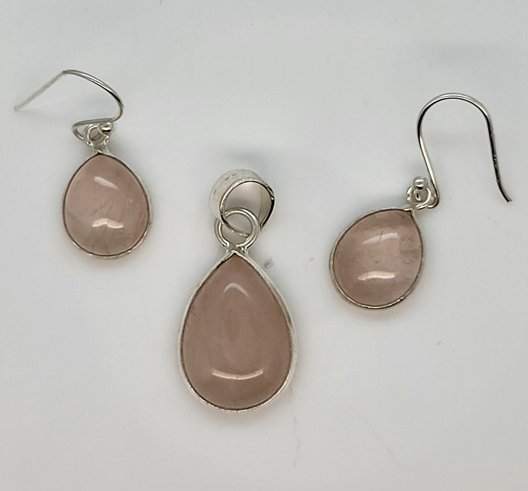 Pink Quartz 925 Sterling Silver Pendant and Earrings Set