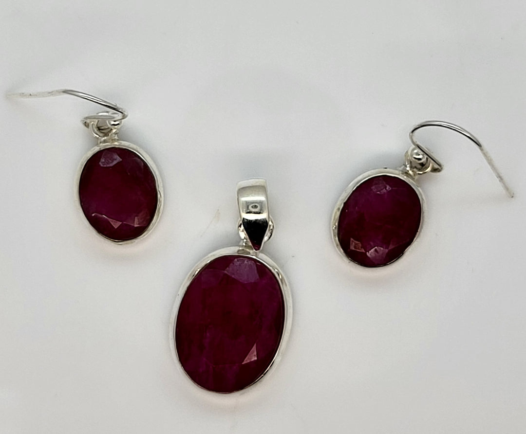 Ruby 925 Sterling Silver Pendant and Earrings Set