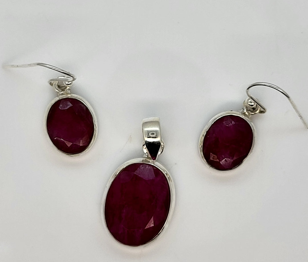 Ruby 925 Sterling Silver Pendant and Earrings Set