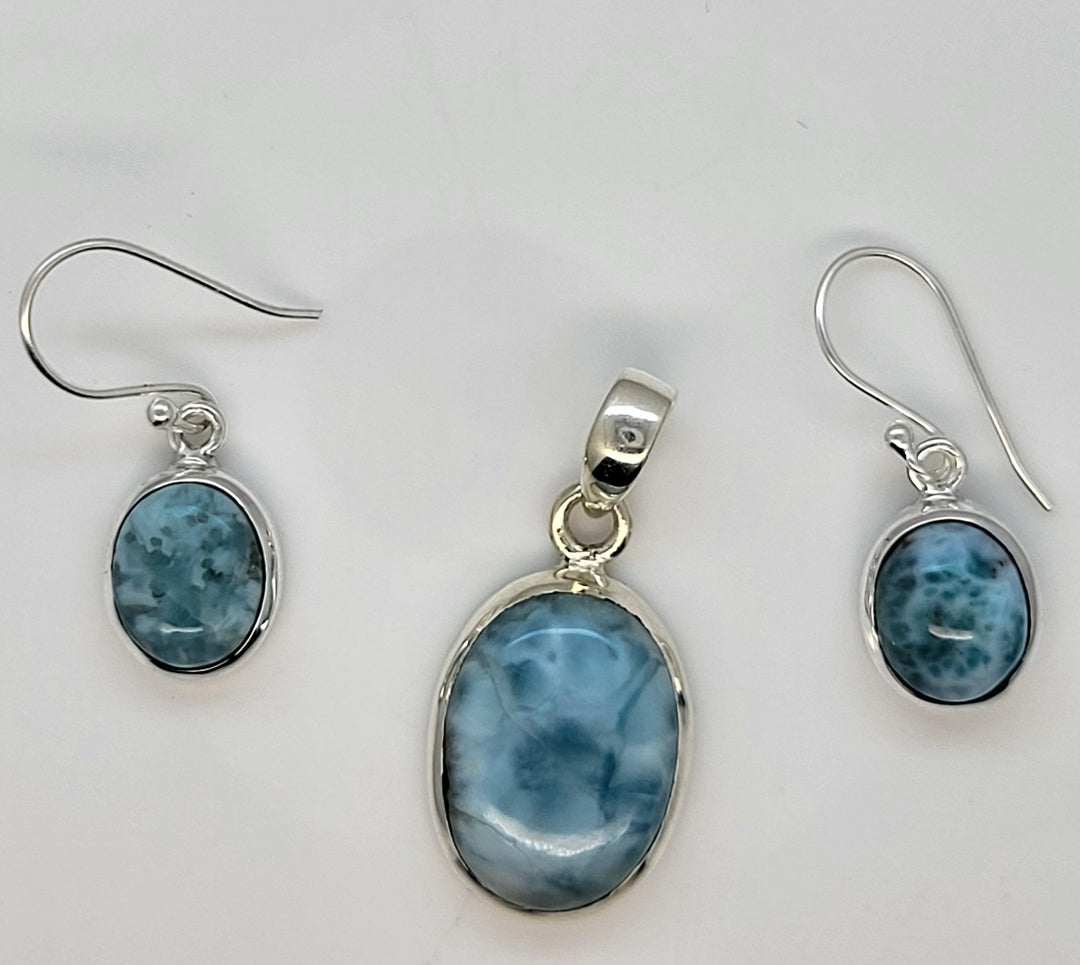 Larimar 925 Sterling Silver  Pendant and Earrings Set