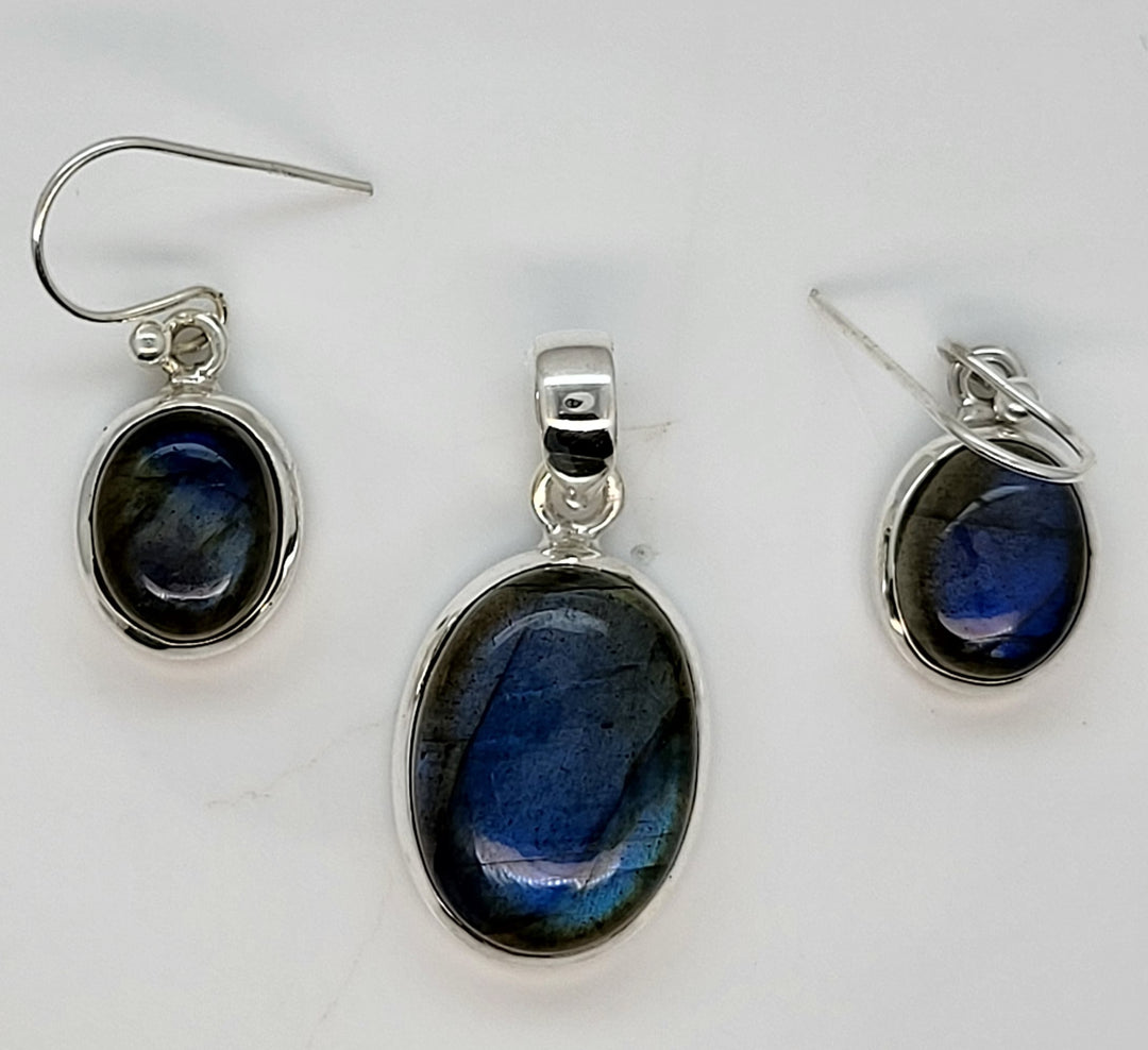 Blue Gemstone 925 Sterling Silver Pendant and Earrings Set