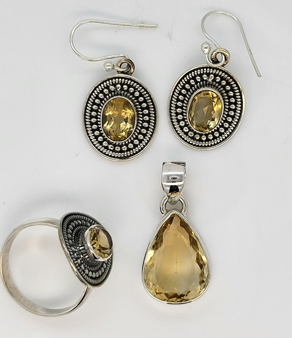 Yellow Citrine 925 Sterling Silver Pendant Earrings Set