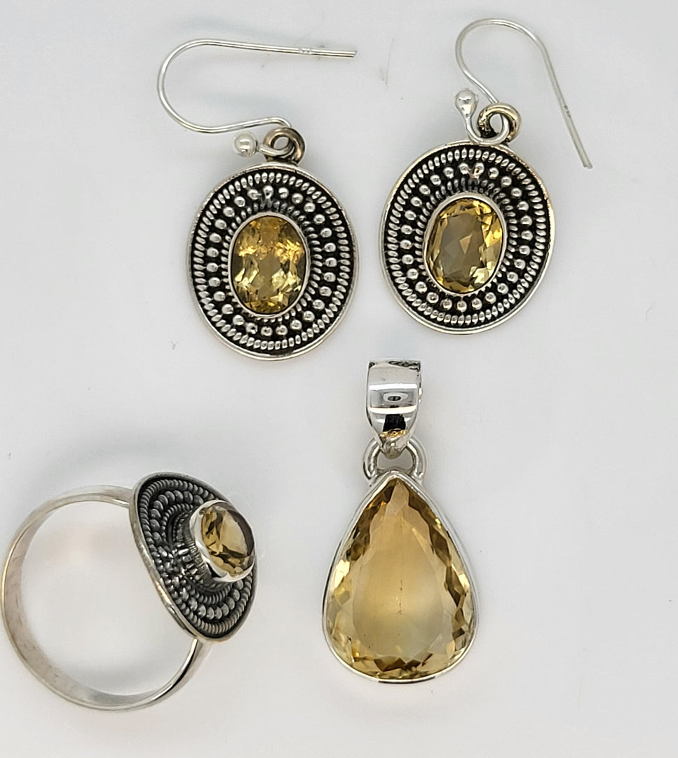 Yellow Citrine 925 Sterling Silver Pendant Earrings Set