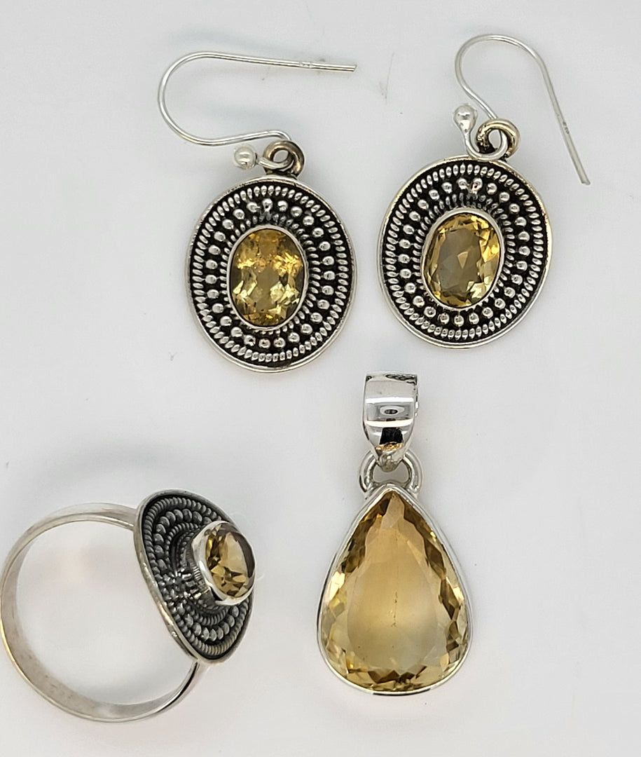 Yellow Citrine 925 Sterling Silver Pendant Earrings Set